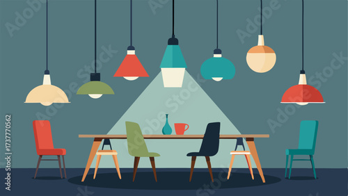 A of mismatched pendant lights hanging above a dining table with a mix of modern and antique chairs.