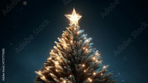 Glowing Christmas tree decorated with lights and ornaments, spinning slowly in a festive scene.