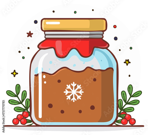Holiday Preserve Jar with Snowflake Ornament and Berries, Festive Seasonal Decoration