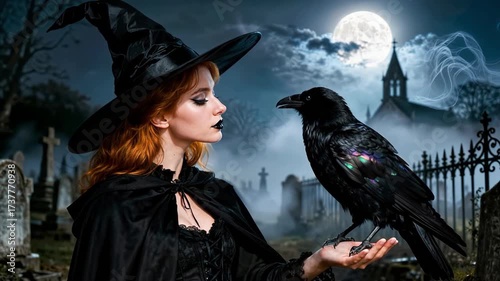 Young Woman Dressed as Witch Looking at Crow Crow Sitting on Her Shoulder, Blurred Gothic Background