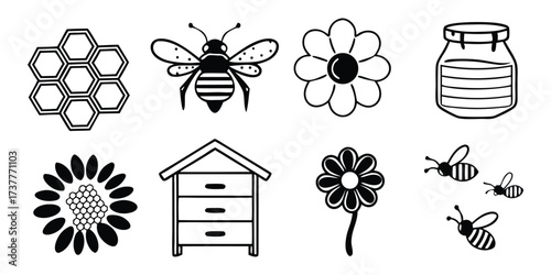 Black and White Icons of Bees, Honeycombs, Flowers, Beehive, and Honey Jar on, flower, sunflower, insect, apiary, beekeeping, sweet, vector illustration. 