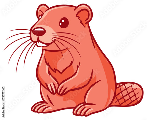 Cartoon beaver illustration sitting happily with a cute pose and a red design.