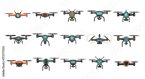 Diverse collection of modern drone illustrations for aerial technology.