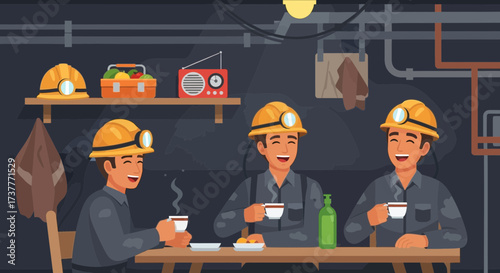 Coal Miners Break Time Illustration – Workers with Safety Helmets Resting Underground, Drinking Coffee and Relaxing in Mining Room