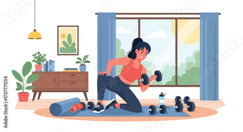 Woman Doing Home Workout with Dumbbells Strength Training Exercise in Living Room Illustration