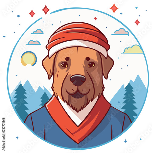 Stylized Portrait of a Dressed Dog in Winter Scenery with Stars and Moon in a Graphic Circle