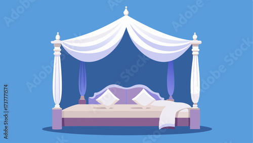 A luxurious canopy bed draped in white fabric adorned with plush pillows and soft silky textures.