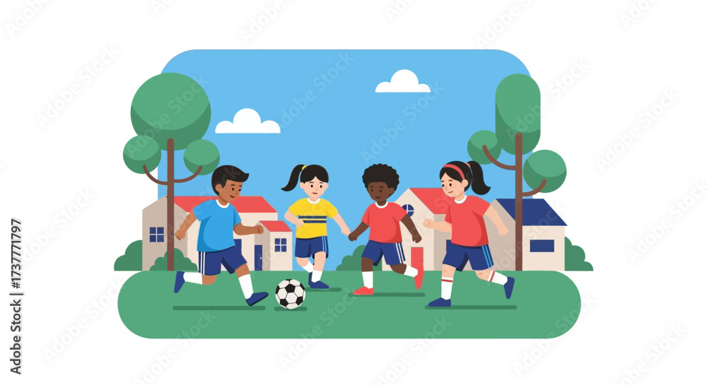 Fototapeta premium Diverse group of happy children playing soccer together outdoors.