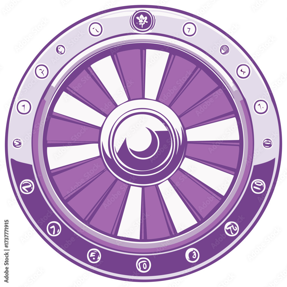 Fototapeta premium Abstract purple and white wheel design with various detailed elements.