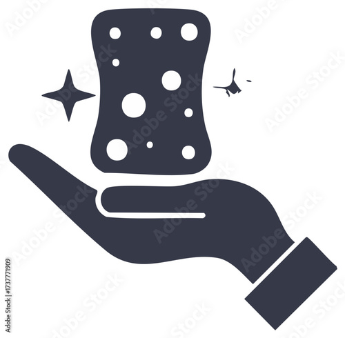 Hand Holding Cleaning Sponge with Sparkle and Bubbles Icon