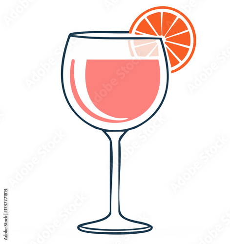 Refreshing pink cocktail in a wine glass with an orange slice garnish icon