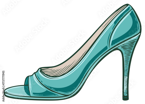 Elegant teal peep toe high heel shoe illustration with shaded details
