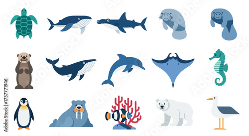 Diverse Marine Life Collection Featuring Aquatic Animals and Sea Creatures.