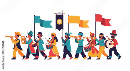 Diverse musical parade with people playing instruments and carrying flags.