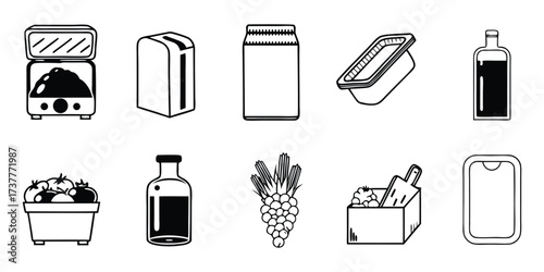 Food Processing and Produce Icons in Black and White of machine, toaster, blender, bottle, jar, tomatoes, grapes, berries, box, vector illustration. 
