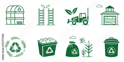 Green Line Art Icons for Agriculture, Recycling, and Waste Management, agriculture, recycling, waste management, vector illustrations. 