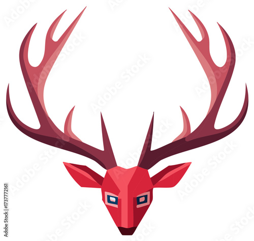 Low poly geometric illustration of red deer head with impressive antlers and stylized eyes for creative designs or logo designs.