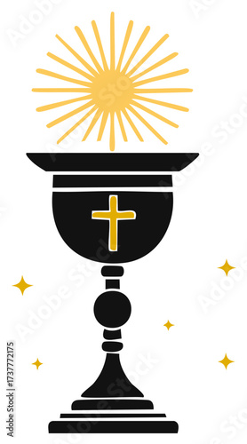 Holy Communion Chalice with Golden Cross Radiant Host Symbol and Sparkling Stars