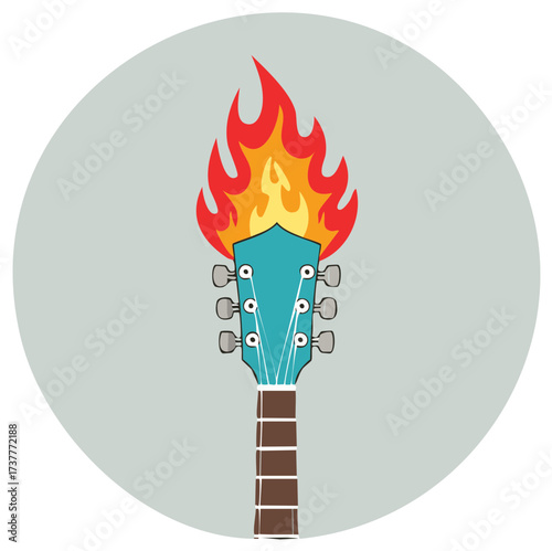 Electric guitar headstock engulfed in vibrant flames conceptual music design