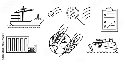 Hand-drawn icons for Shipping, Finance, and Global Agriculture, shipping, cargo, container, ship, crane, calculator, vector illustrations. 