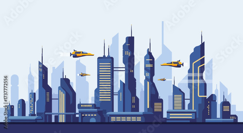 Futuristic Cityscape with Flying Vehicles and Modern Skyscrapers.
