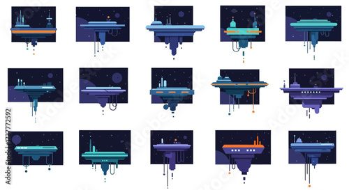 Futuristic floating platforms in space with various designs and structures, a sci-fi concept.