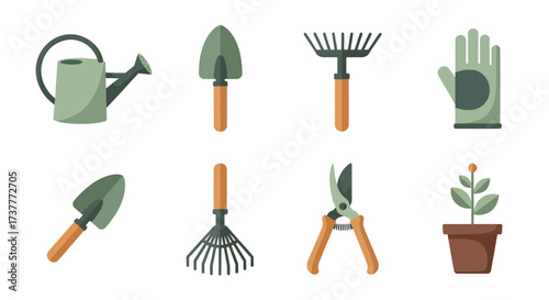 Gardening Tools Collection - Watering Can, Trowel, Rake, Gloves, and More.