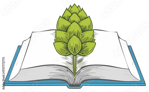 Illustration of a book open with a hop flower inside