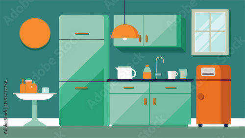 A kitchen with mint green cabinets a round orange fridge and a metallic backsplash.