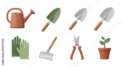Gardening tools collection for planting and cultivating plants in the garden.