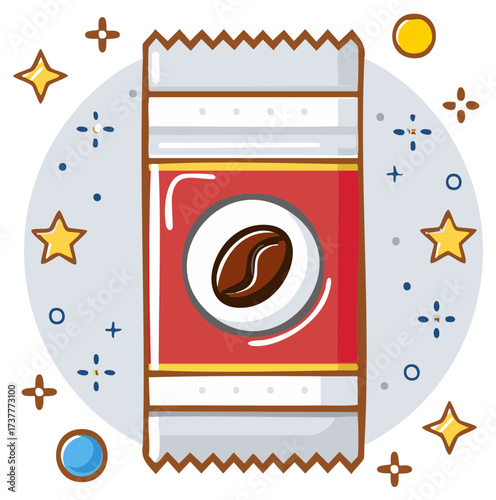 Cartoon illustration of a single serving instant coffee packet with a coffee bean logo and sparkles
