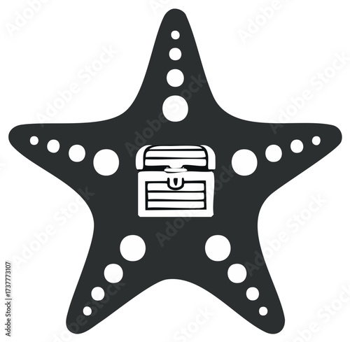 Black starfish silhouette with a hand drawn treasure chest icon in the center