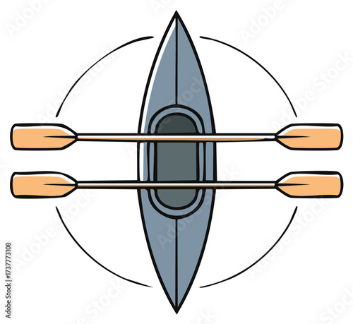 Top-down view of a kayak and two paddles, perfect for recreational water activities and sports