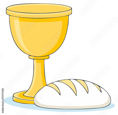 Illustrated Golden Chalice and Bread Depiction of Communion Sacrament Christian Symbol, Christianity Worship Concept