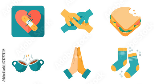 Icons Depicting Healing, Unity, Food, Connection, Prayer, and Comfort.