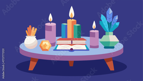 A low coffee table decorated with candles crystals and a stack of books with colorful spines.