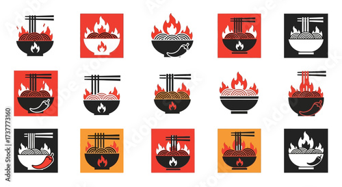 Hot Noodles Bowl with Chopsticks and Flames Icon Set.