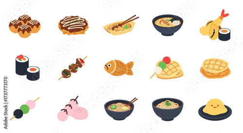 Illustrated Set of Popular Japanese Cuisine and Snacks.