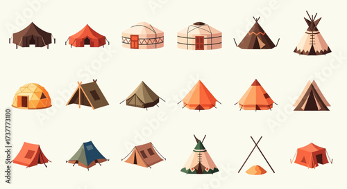 Illustrated collection of various tents yurts and teepees.