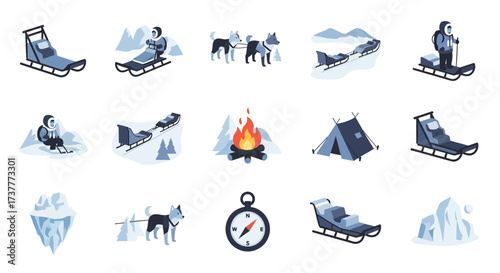 Isometric Arctic Expedition and Polar Survival Icon Set.
