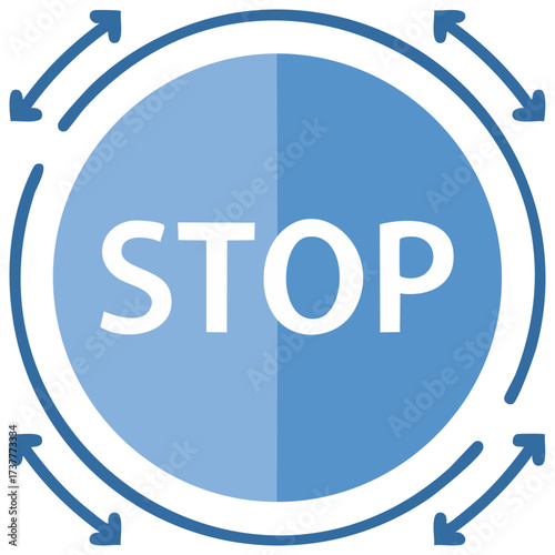 Blue stop symbol, arrows showing cycle, round button graphic, stop icon illustration