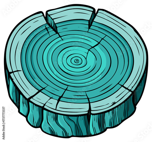 Colored cartoon illustration of a tree cross section with concentric rings and cracks.