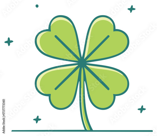 Four leaf clover drawing with line art, Irish luck symbol icon