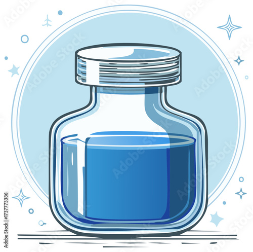 Closed jar with blue liquid, magic potion, elixir. Concept illustration for design and print. Flat style vector.