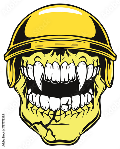 Monster Skull Wearing Yellow Hard Hat with Fangs and Cracked Chin Vector Illustration