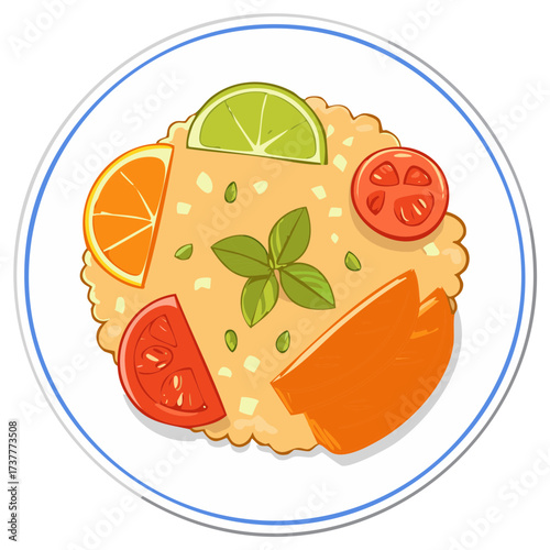 A colorful illustration of a healthy rice bowl with fresh citrus lime, orange, tomato, and basil from a top view