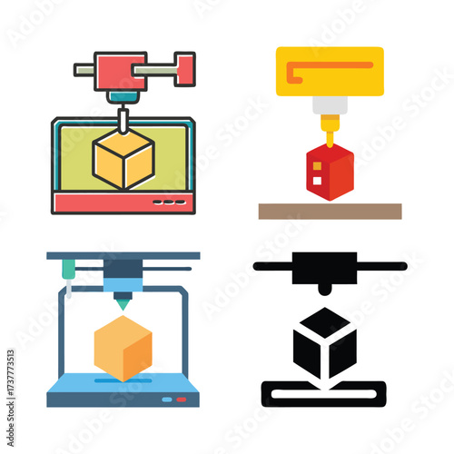 Four distinct flat design icons illustrating the process of 3d printing technology from digital model to physical object creation