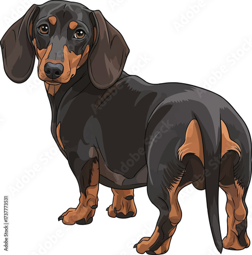 Dachshund dog standing looking back over shoulder illustration