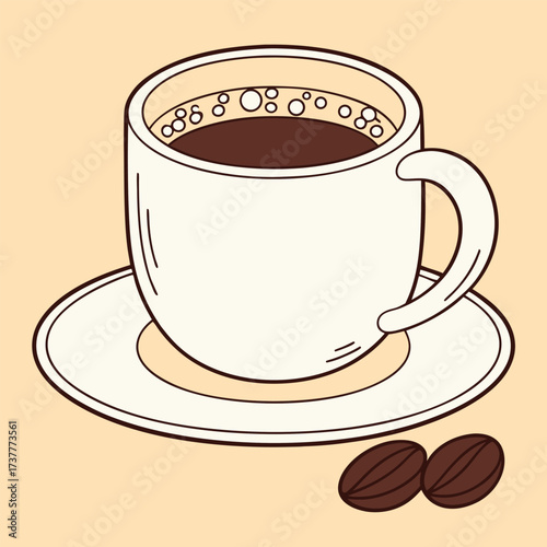 A simple hand drawn illustration of a white ceramic coffee cup filled with dark hot coffee and a frothy surface sitting on a matching saucer with two coffee beans nearby on a light beige background