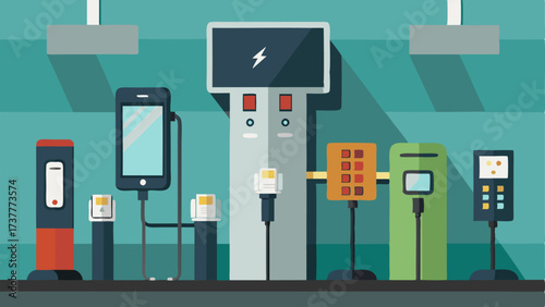 A modern charging station equipped with a variety of chargers for different devices located near the entrance for students to quickly power up their devices when needed.